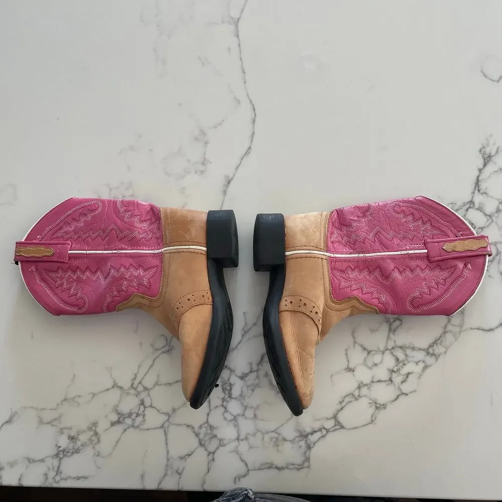 Old West Cowgirl Western Boots Fancy Round Toe Pink Leather Uppers sz 11-12
